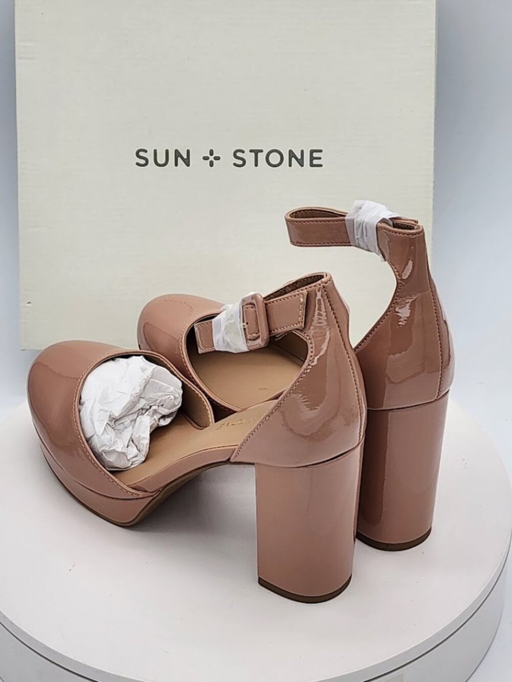 Sun + Stone Birdey Peony Patent Platform Ankle Strap Heels Size 8.5 - Picture 5 of 10